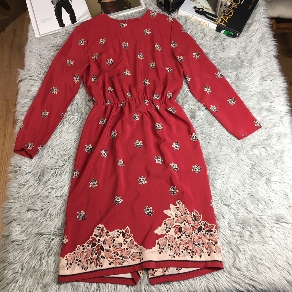 Vintage 80s Bedford Fair Floral Midi Dress Red Border Print Long Sleeve 10